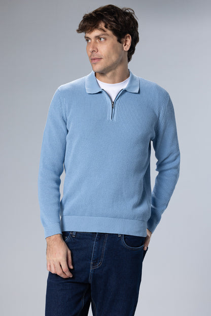 Textured Half-Zip Polo Pullover – Light Blue – Light Blue – image 1