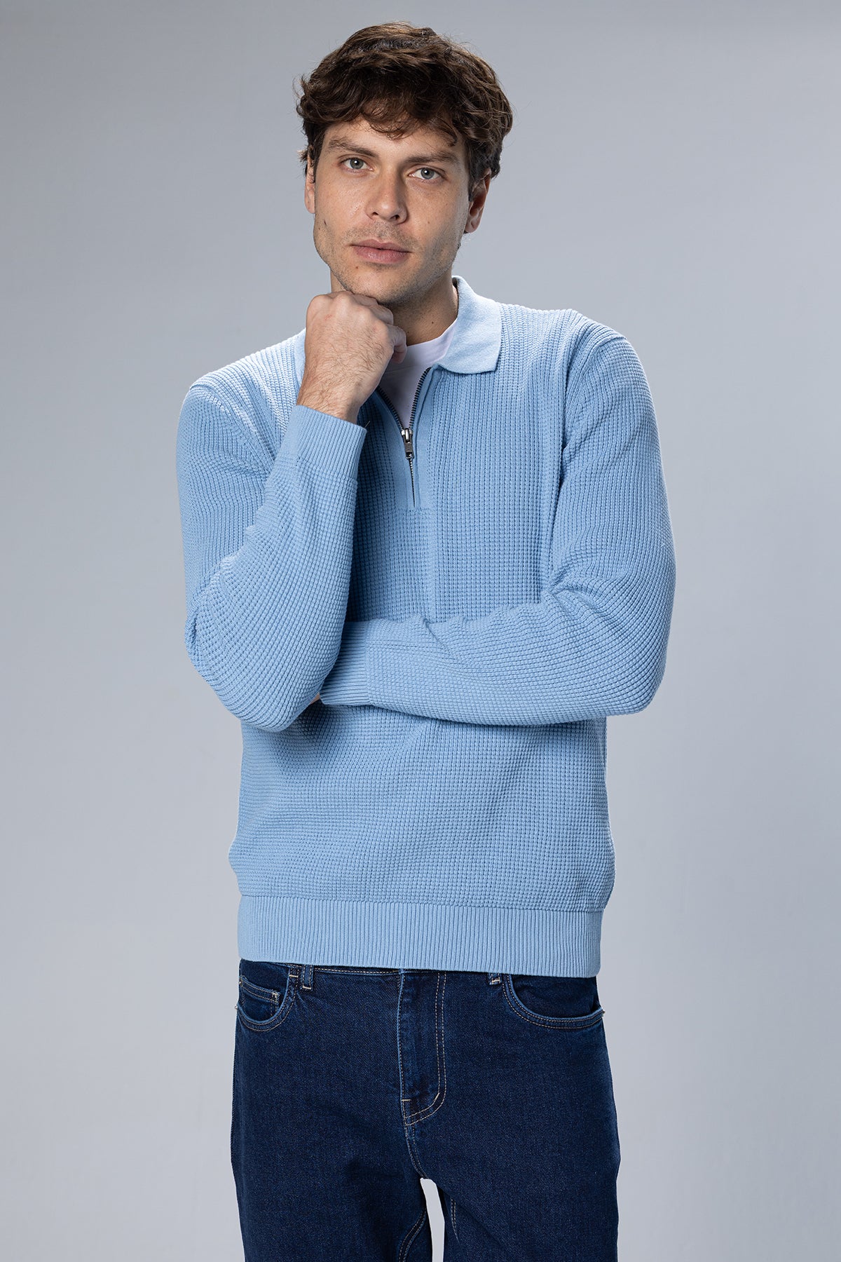 Textured Half-Zip Polo Pullover – Light Blue – Light Blue – image 3