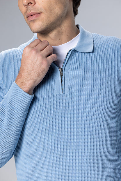 Textured Half-Zip Polo Pullover – Light Blue – Light Blue – image 4