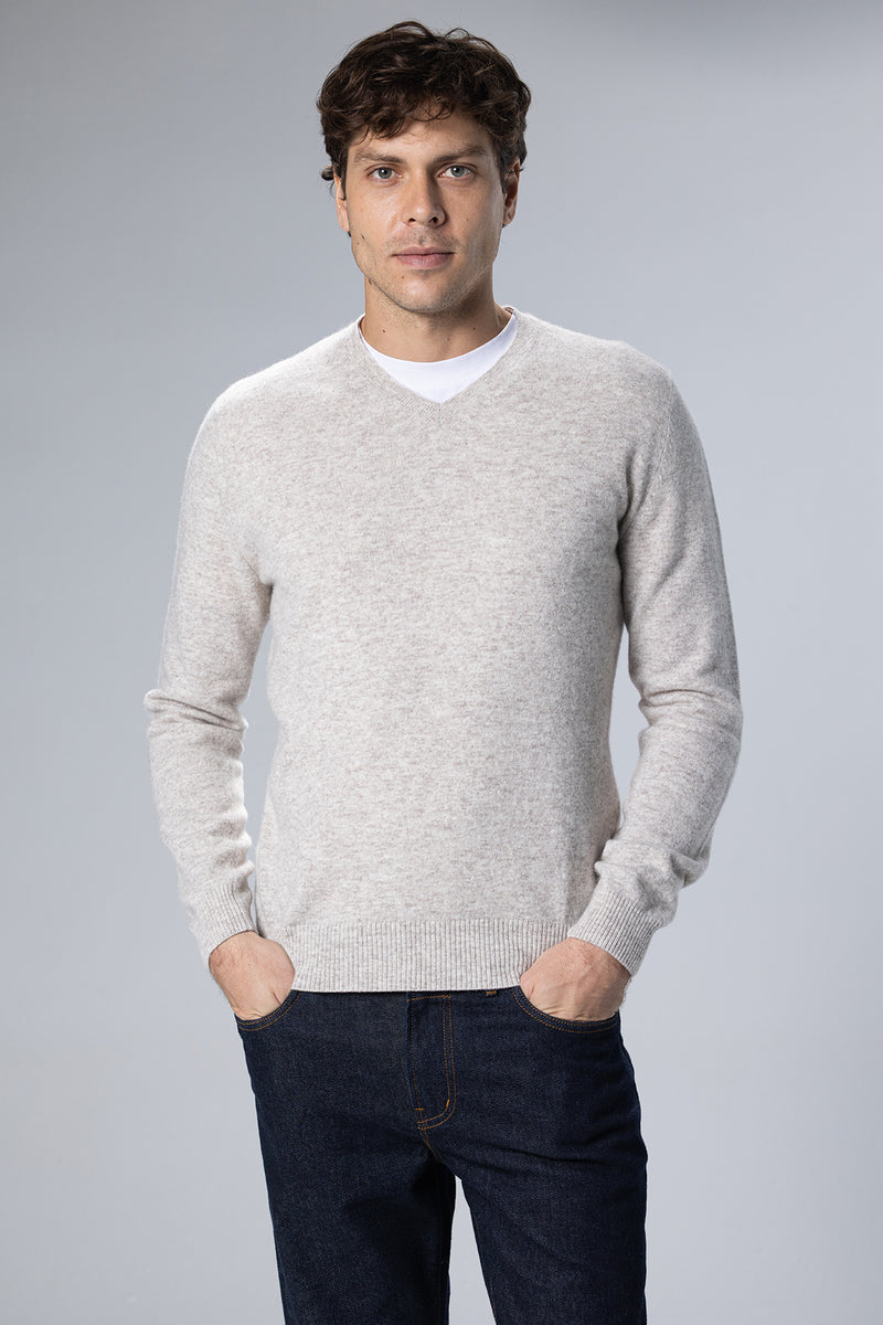 Lambswool-Blend V-Neck Pullover – Beige