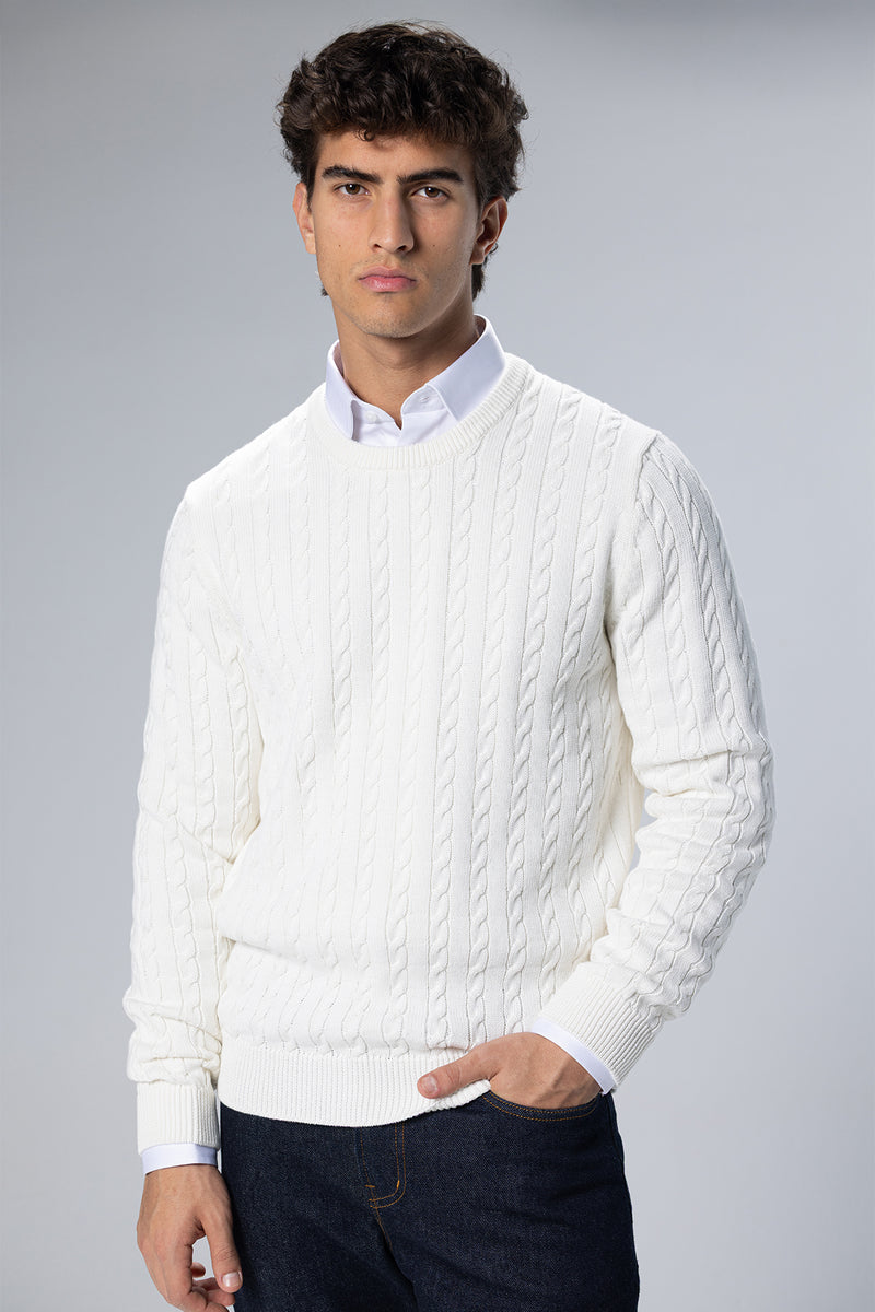 Cable-Knit Cotton Crewneck Pullover – Offwhite