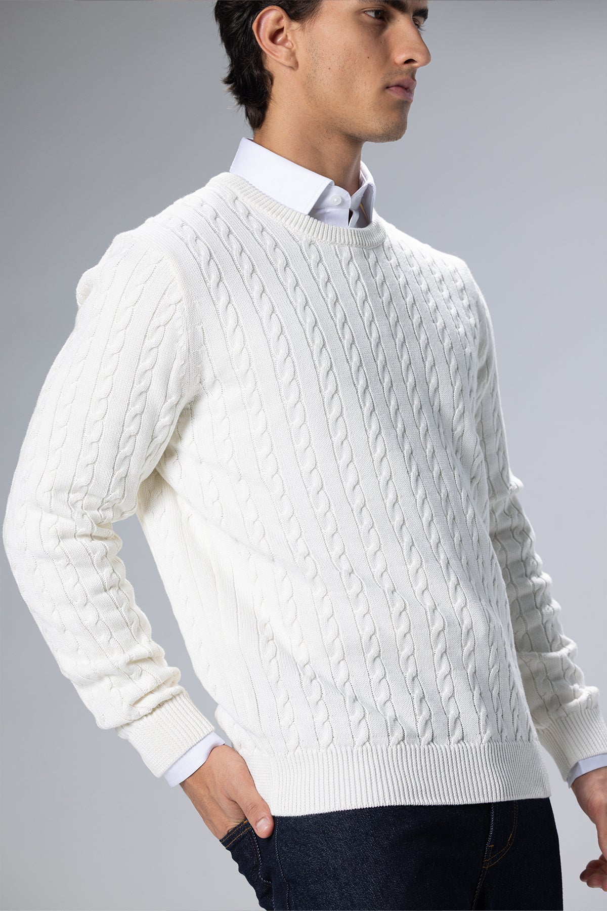 Cable-Knit Cotton Crewneck Pullover – Offwhite – Offwhite – image 3