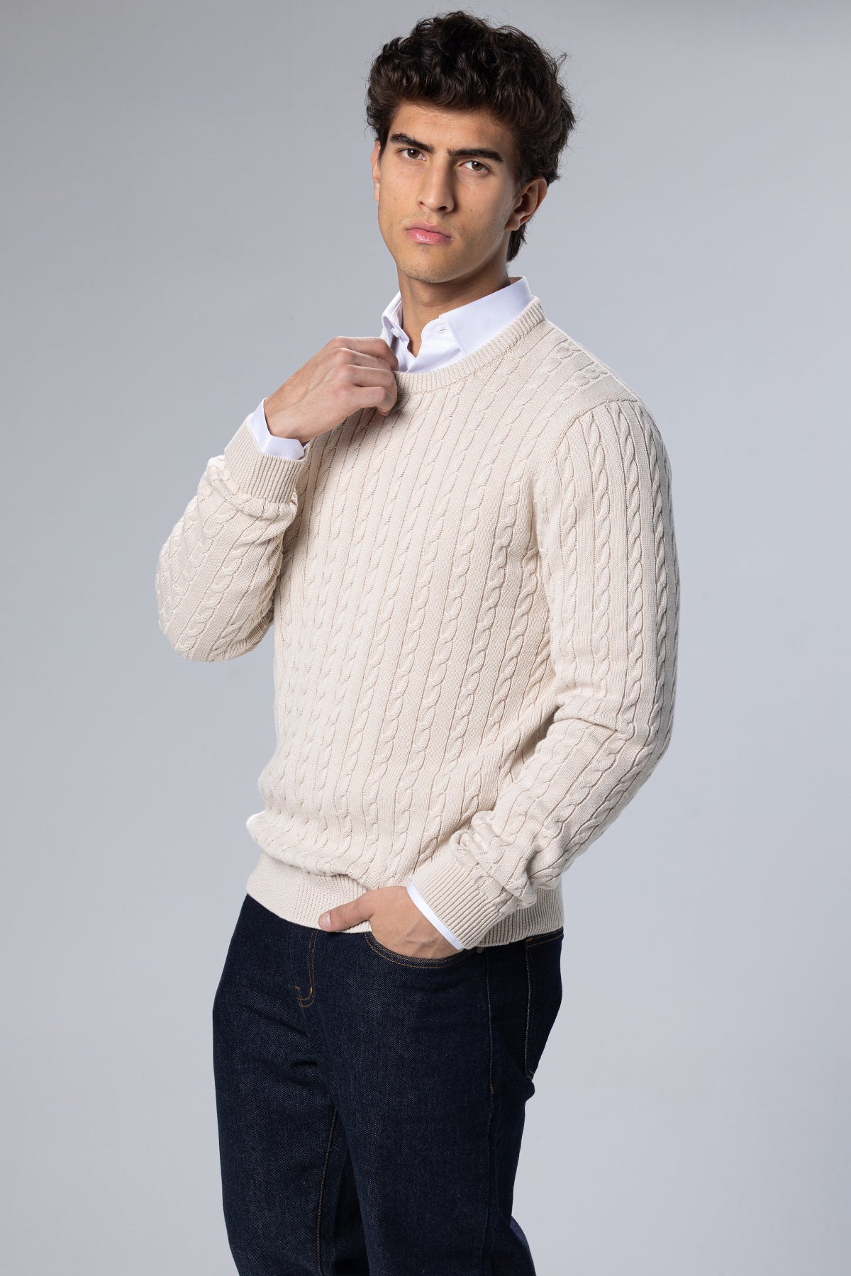 Cable-Knit Cotton Crewneck Pullover – Beige – Beige – image 1