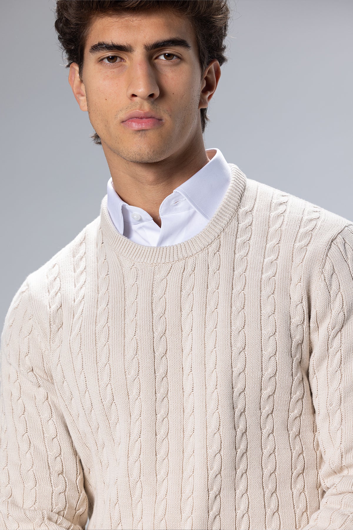 Cable-Knit Cotton Crewneck Pullover – Beige – Beige – image 2