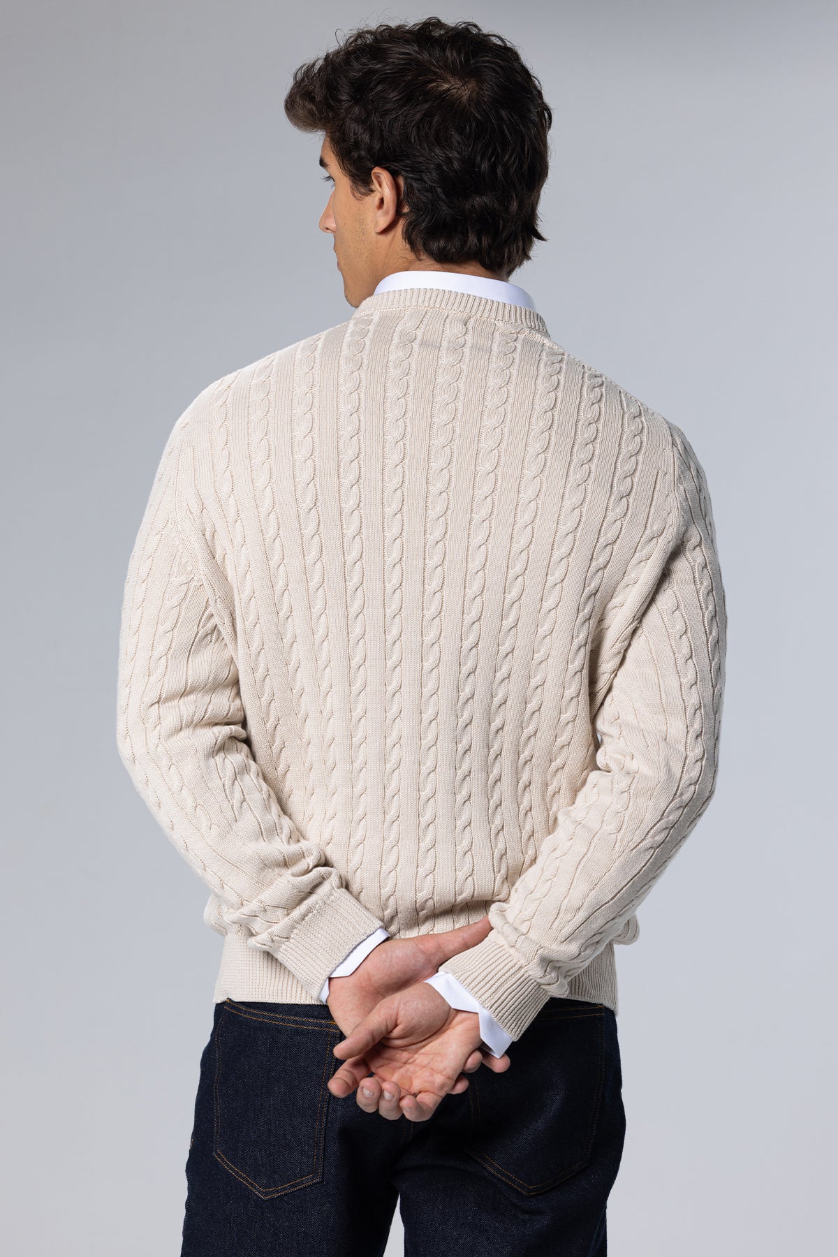 Cable-Knit Cotton Crewneck Pullover – Beige – Beige – image 3