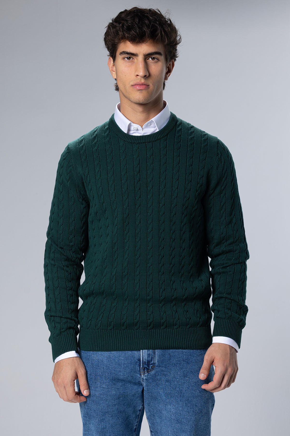 Cable-Knit Cotton Crewneck Pullover – Green – Green – image 1