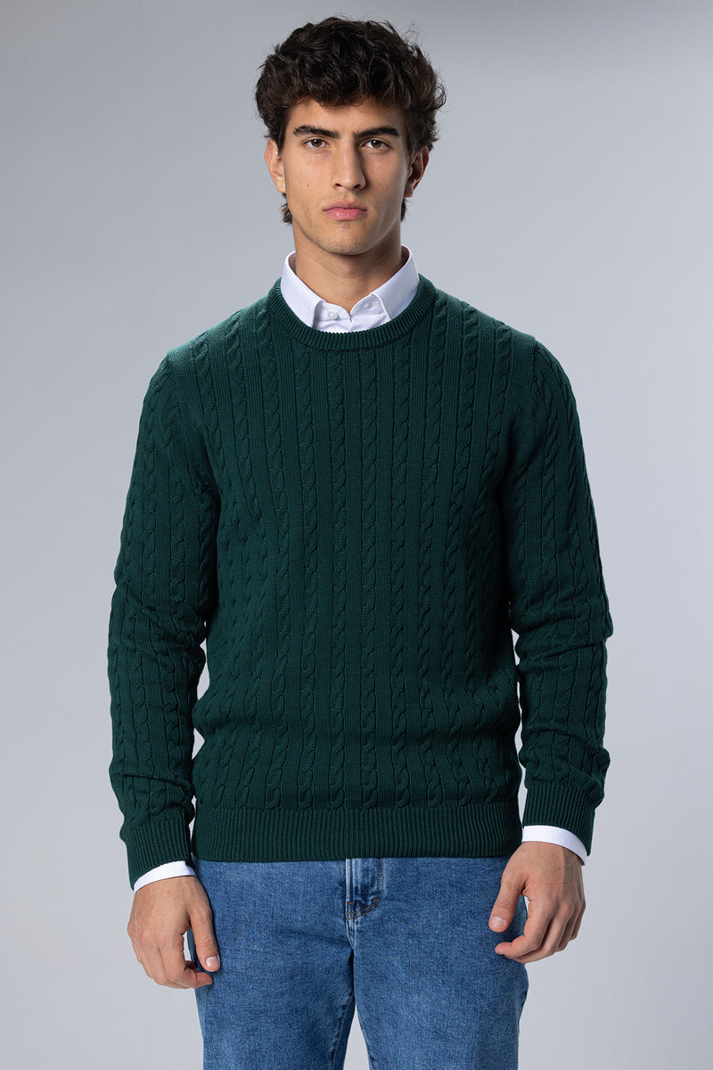 Cable-Knit Cotton Crewneck Pullover – Green