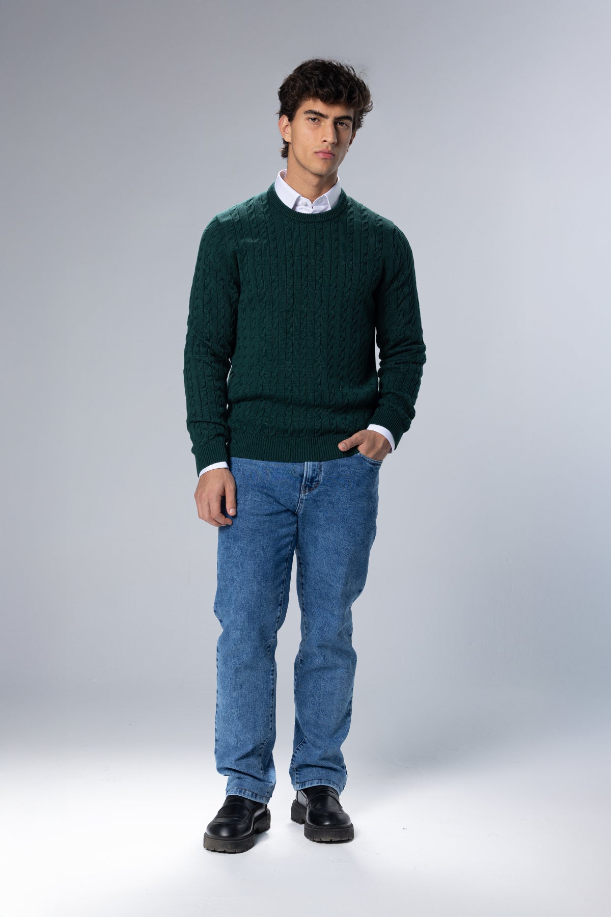 Cable-Knit Cotton Crewneck Pullover – Green – Green – image 2