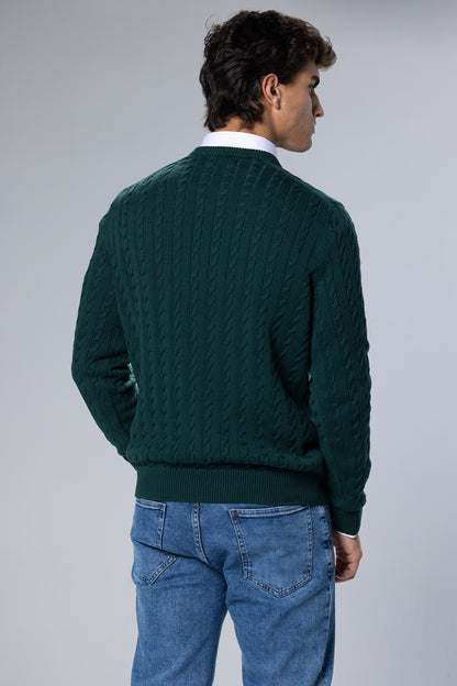 Cable-Knit Cotton Crewneck Pullover – Green – Green – image 3