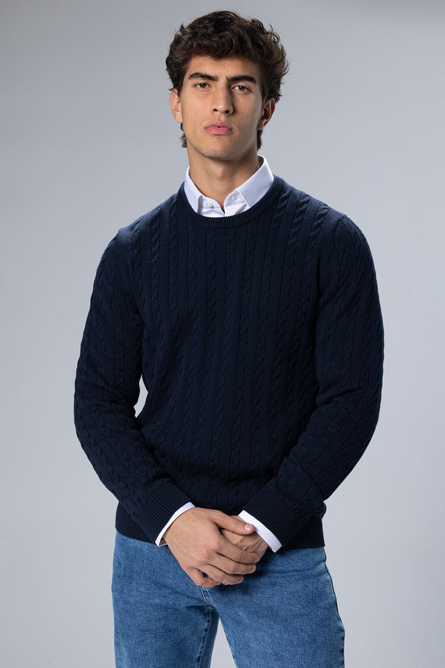 Cable-Knit Cotton Crewneck Pullover – Navy