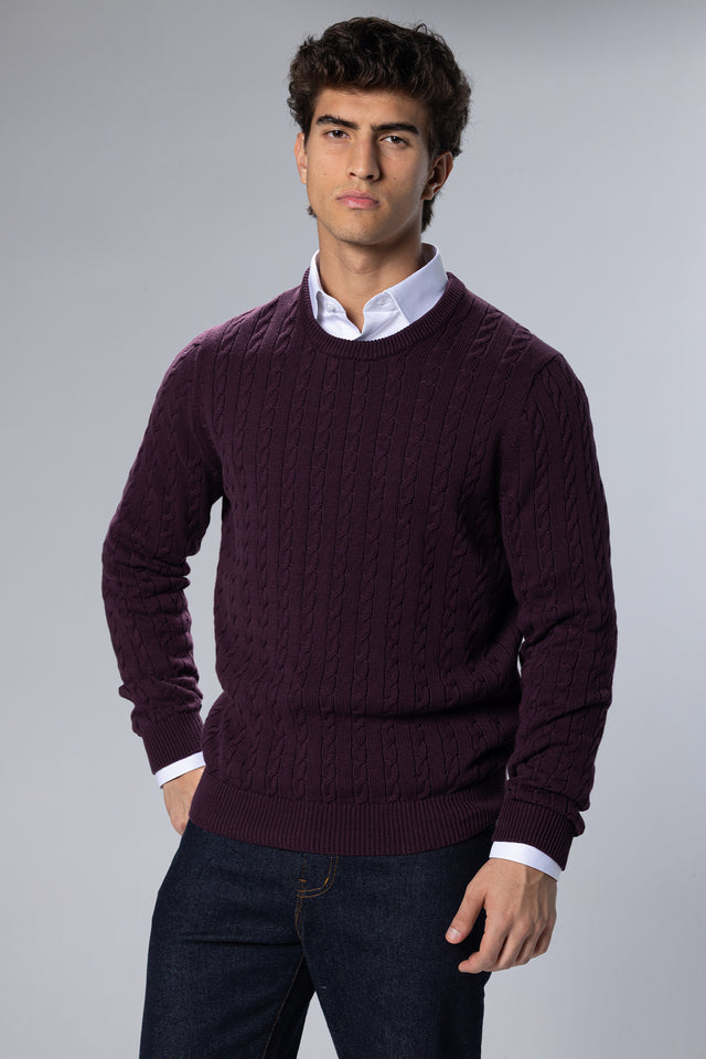 Cable-Knit Cotton Crewneck Pullover – Purple
