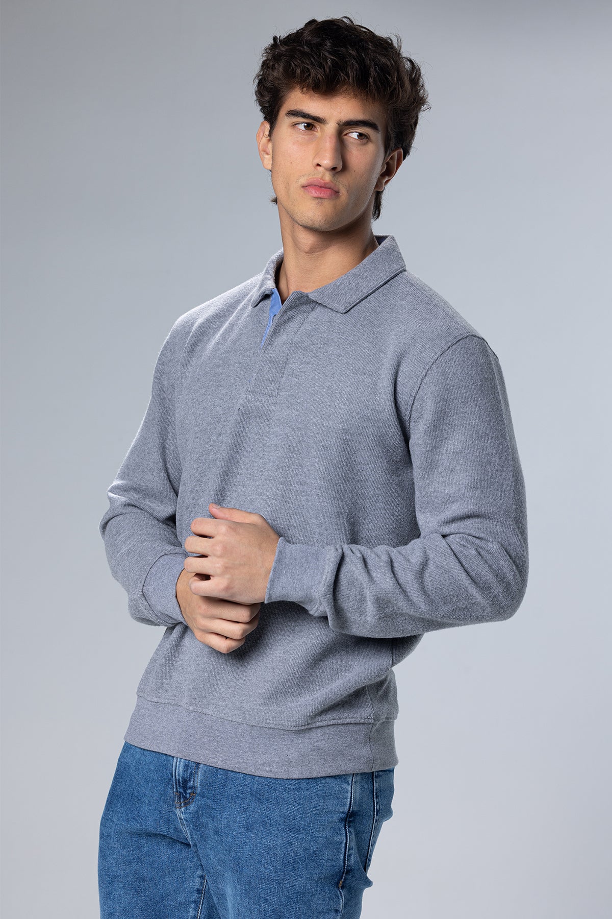 Long Sleeved Placket Cotton Polo – Grey – Grey – image 1