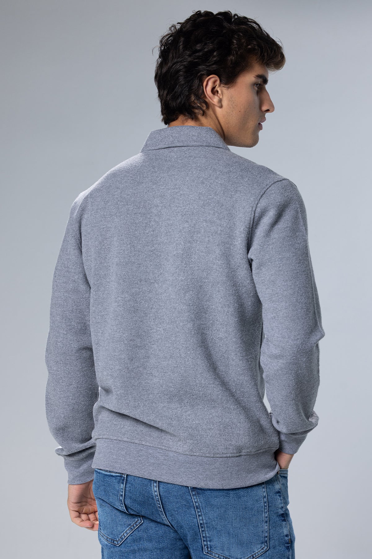 Long Sleeved Placket Cotton Polo – Grey – Grey – image 3