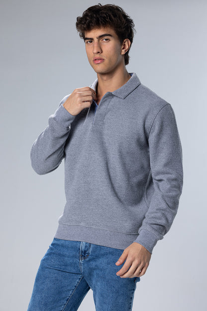 Long Sleeved Placket Cotton Polo – Grey – Grey – image 4