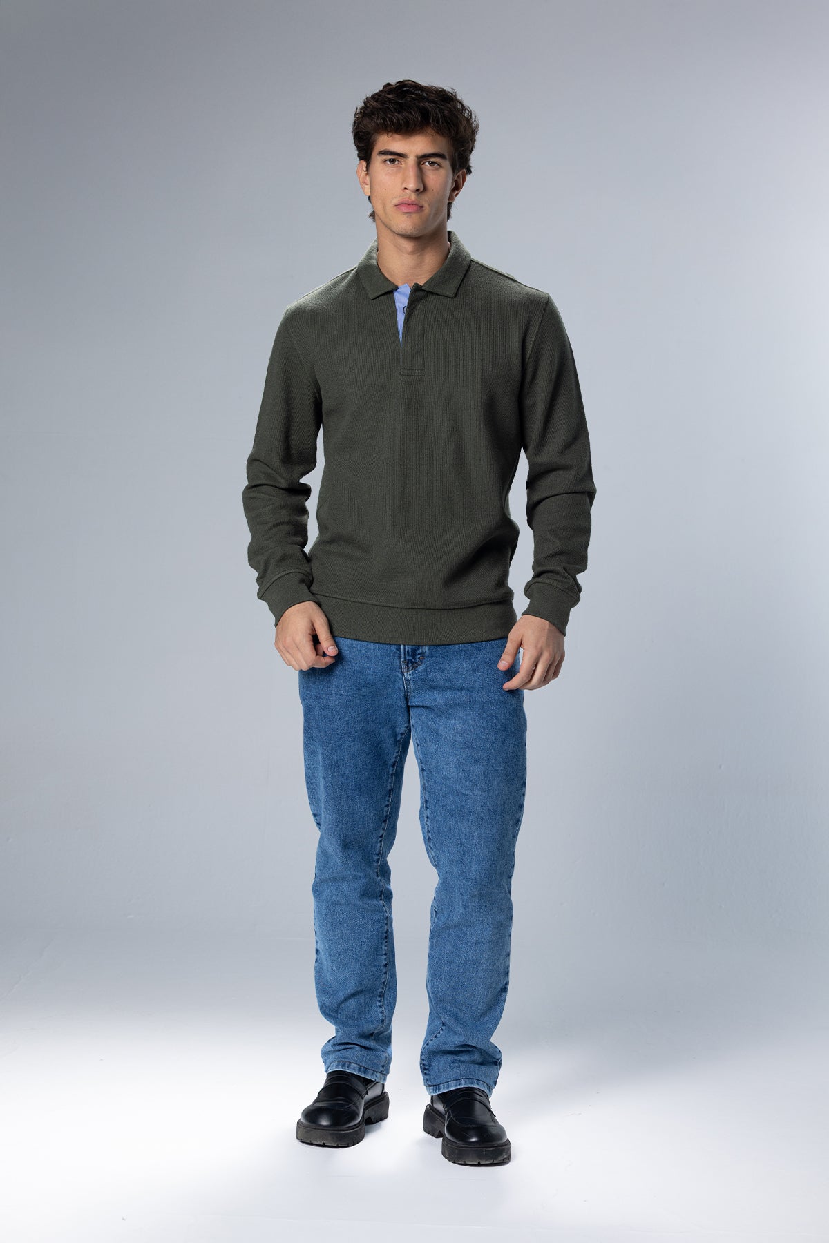 Long Sleeved Placket Cotton Polo – Olive Green – Olive Green – image 1