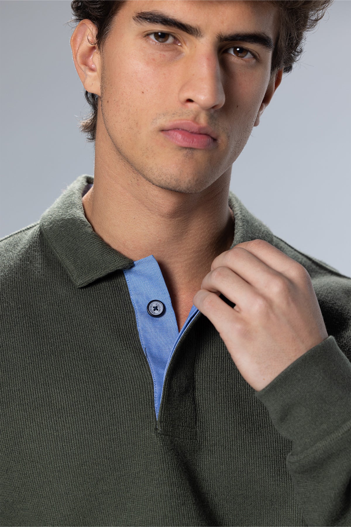 Long Sleeved Placket Cotton Polo – Olive Green – Olive Green – image 2