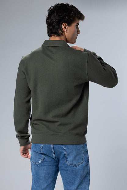 Long Sleeved Placket Cotton Polo – Olive Green – Olive Green – image 3