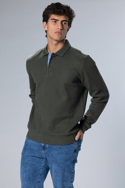 Long Sleeved Placket Cotton Polo – Olive Green – Olive Green – image 4