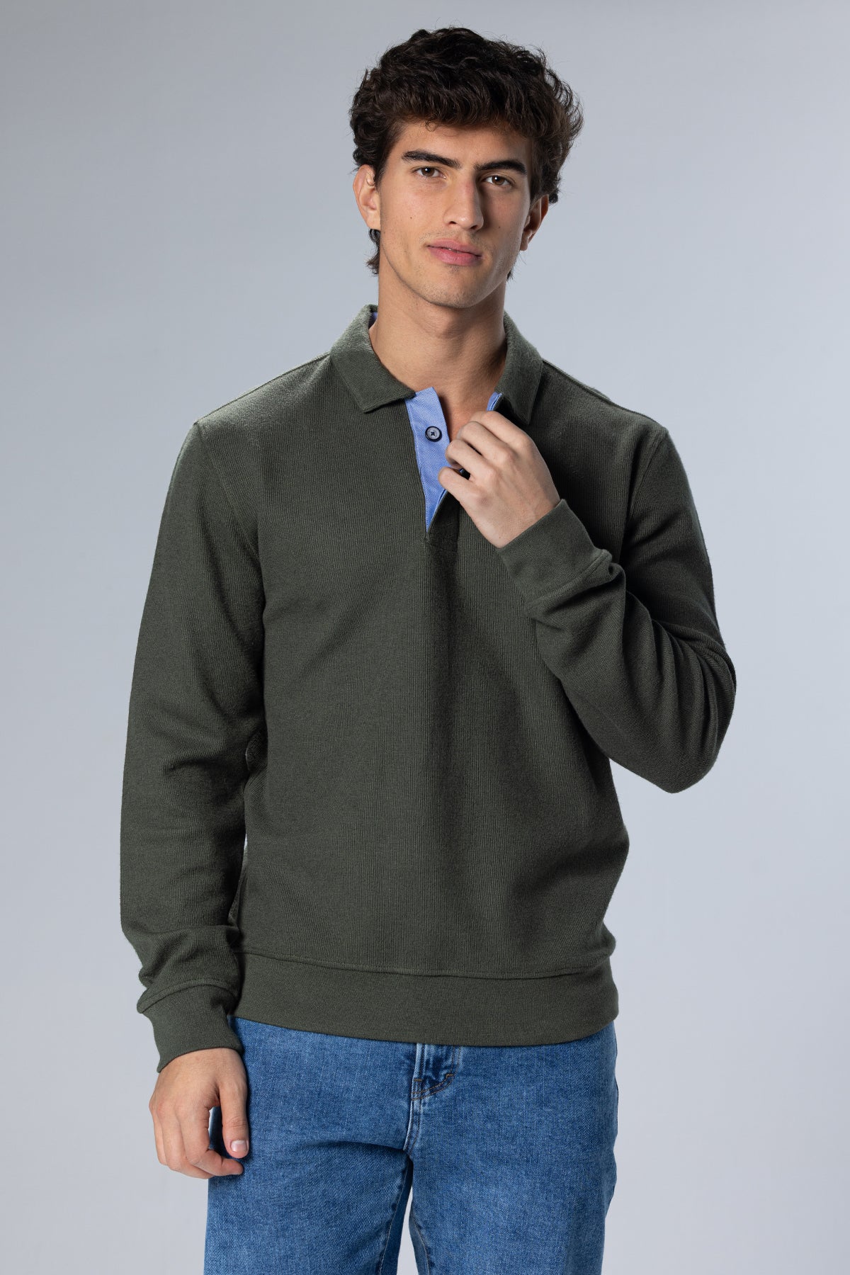 Long Sleeved Placket Cotton Polo – Olive Green – Olive Green – image 5