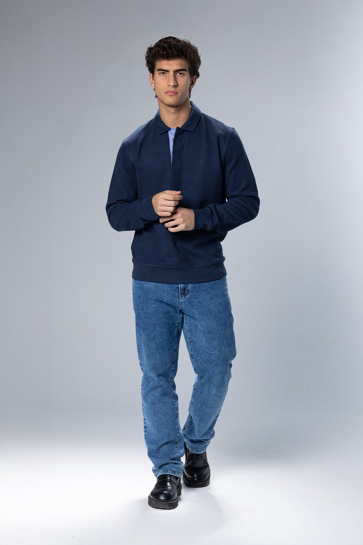 Long Sleeved Placket Cotton Polo – Light Navy – Light Navy – image 1