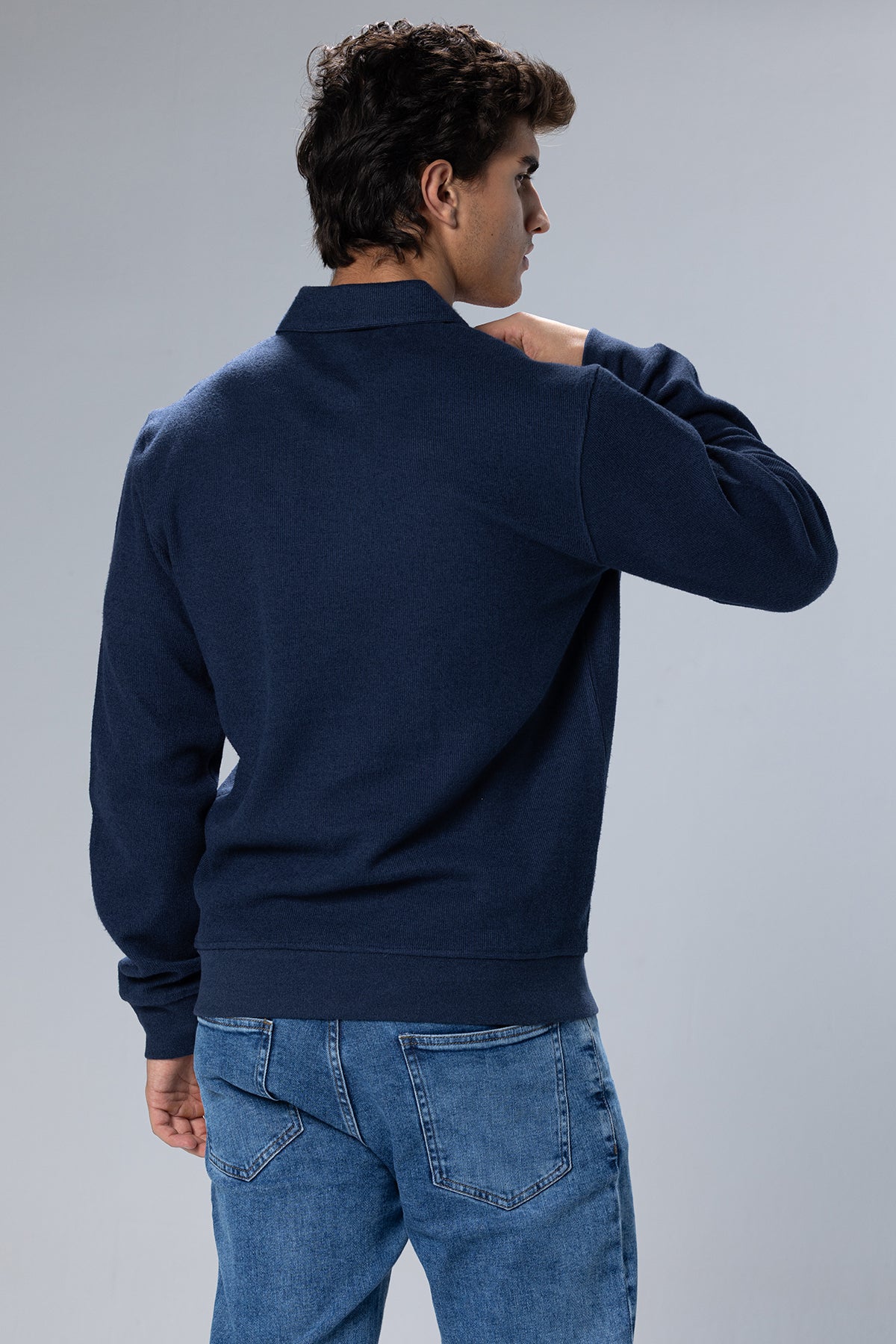 Long Sleeved Placket Cotton Polo – Light Navy – Light Navy – image 2