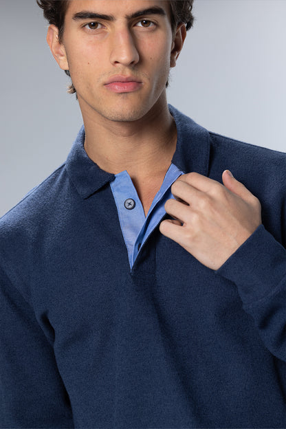 Long Sleeved Placket Cotton Polo – Light Navy – Light Navy – image 3