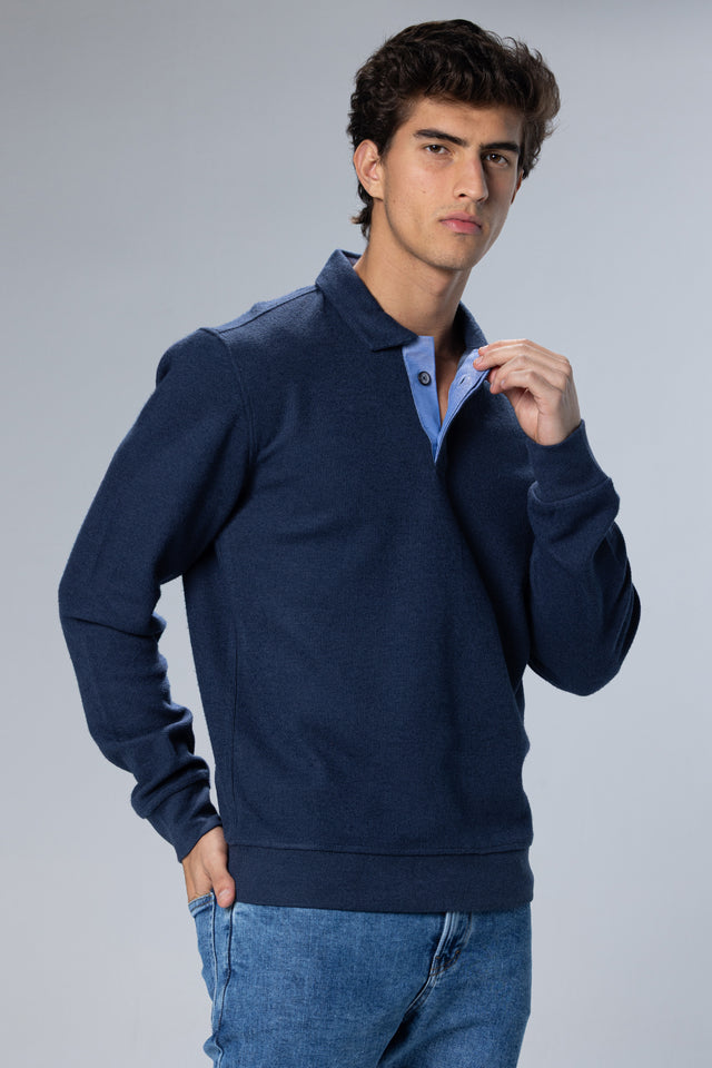 Long Sleeved Placket Cotton Polo – Light Navy