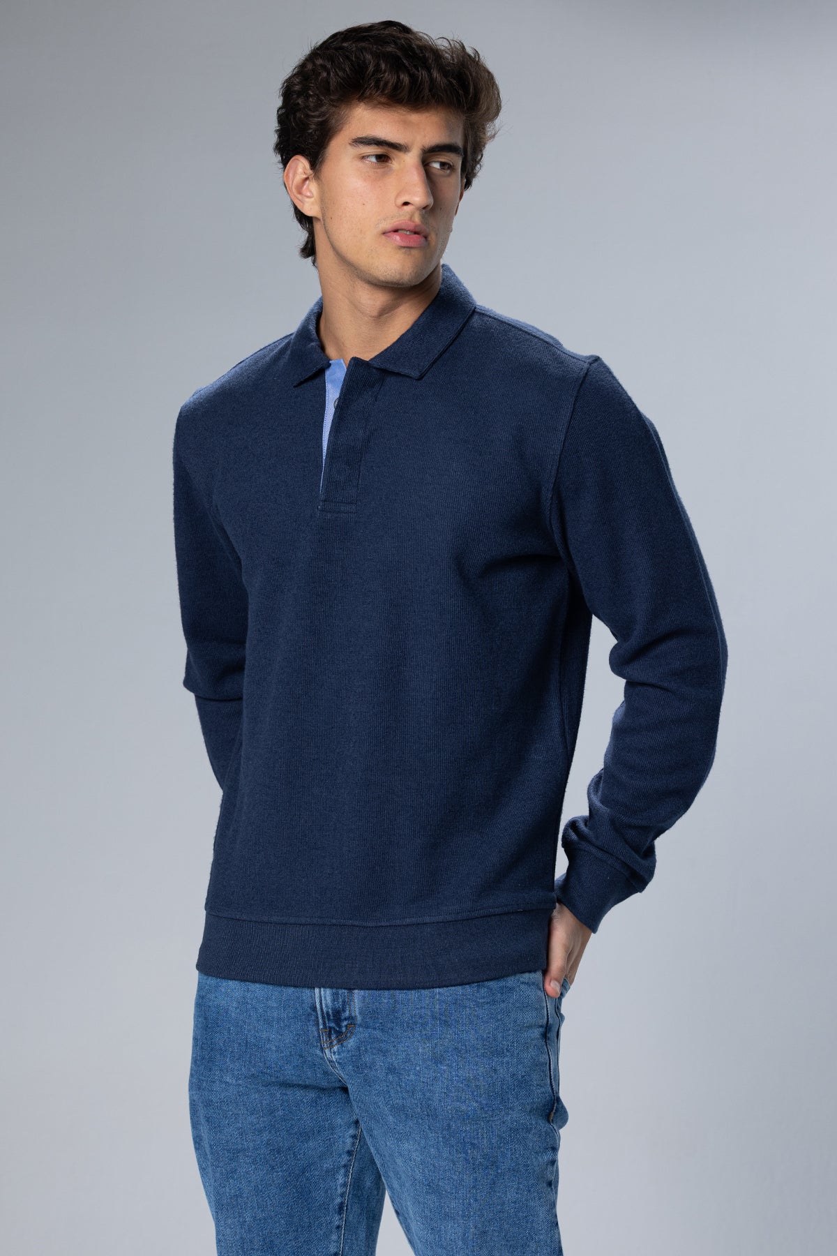 Long Sleeved Placket Cotton Polo – Light Navy – Light Navy – image 5