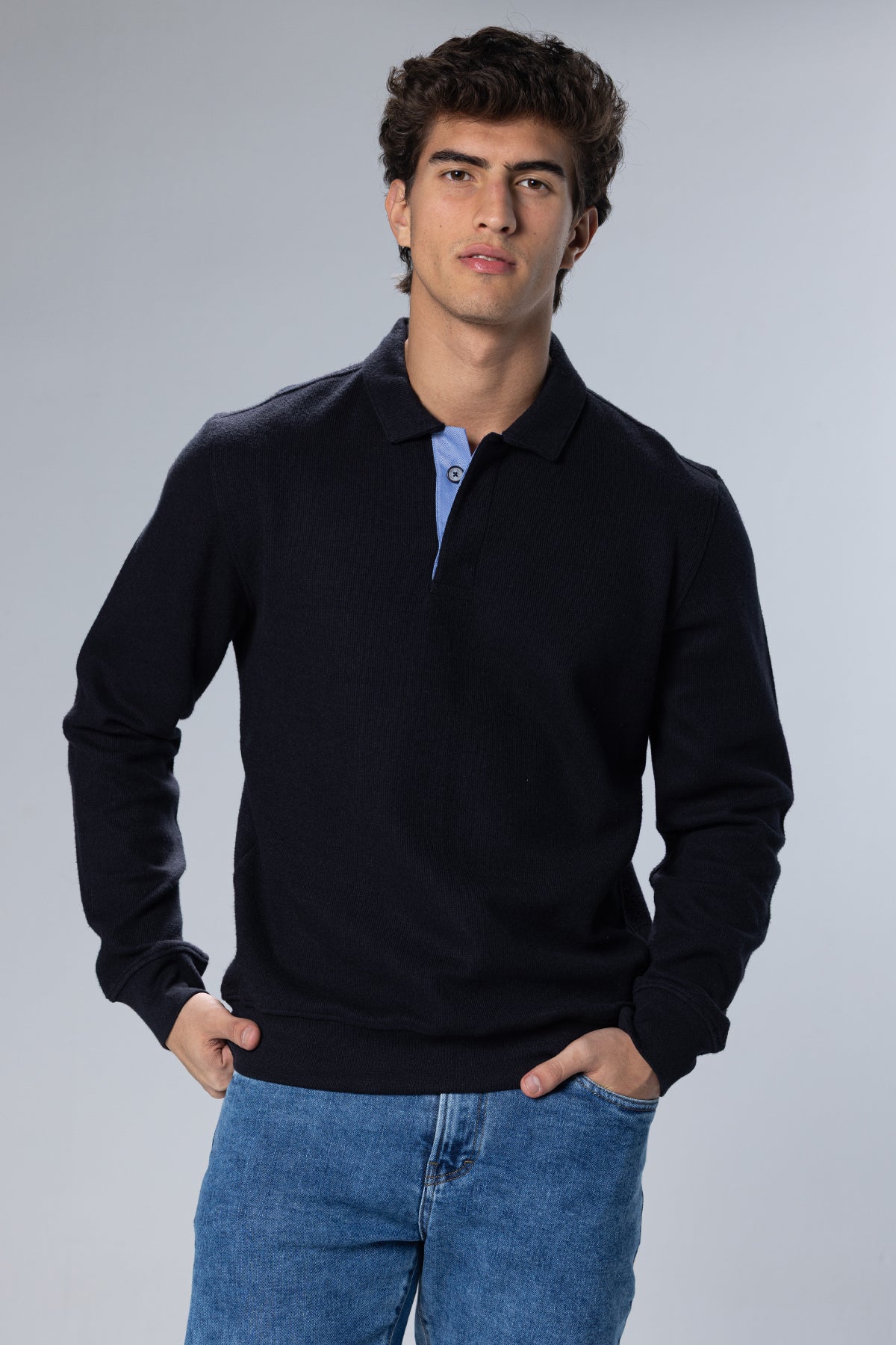 Long Sleeved Placket Cotton Polo – Dark Navy – Dark Navy – image 1