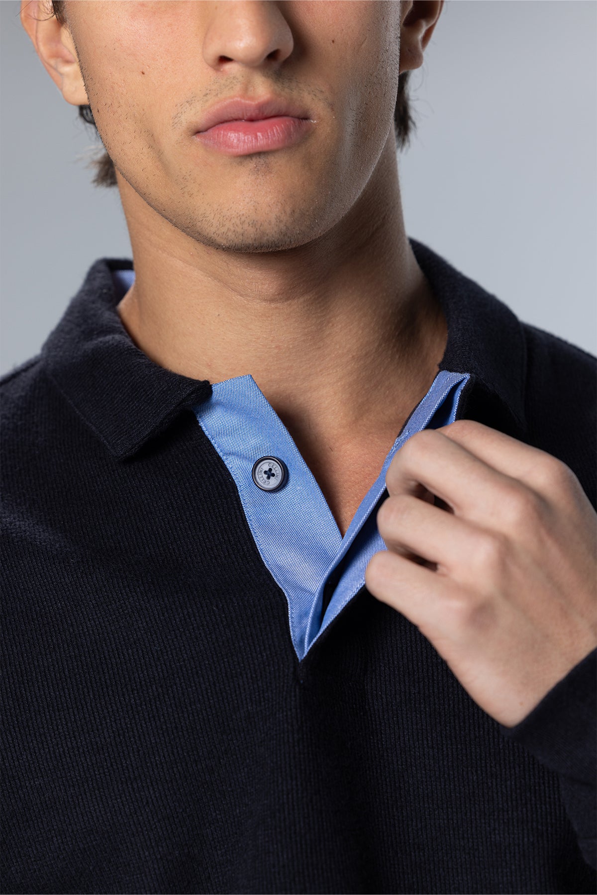 Long Sleeved Placket Cotton Polo – Dark Navy – Dark Navy – image 2