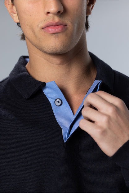 Long Sleeved Placket Cotton Polo – Dark Navy – Dark Navy – image 2