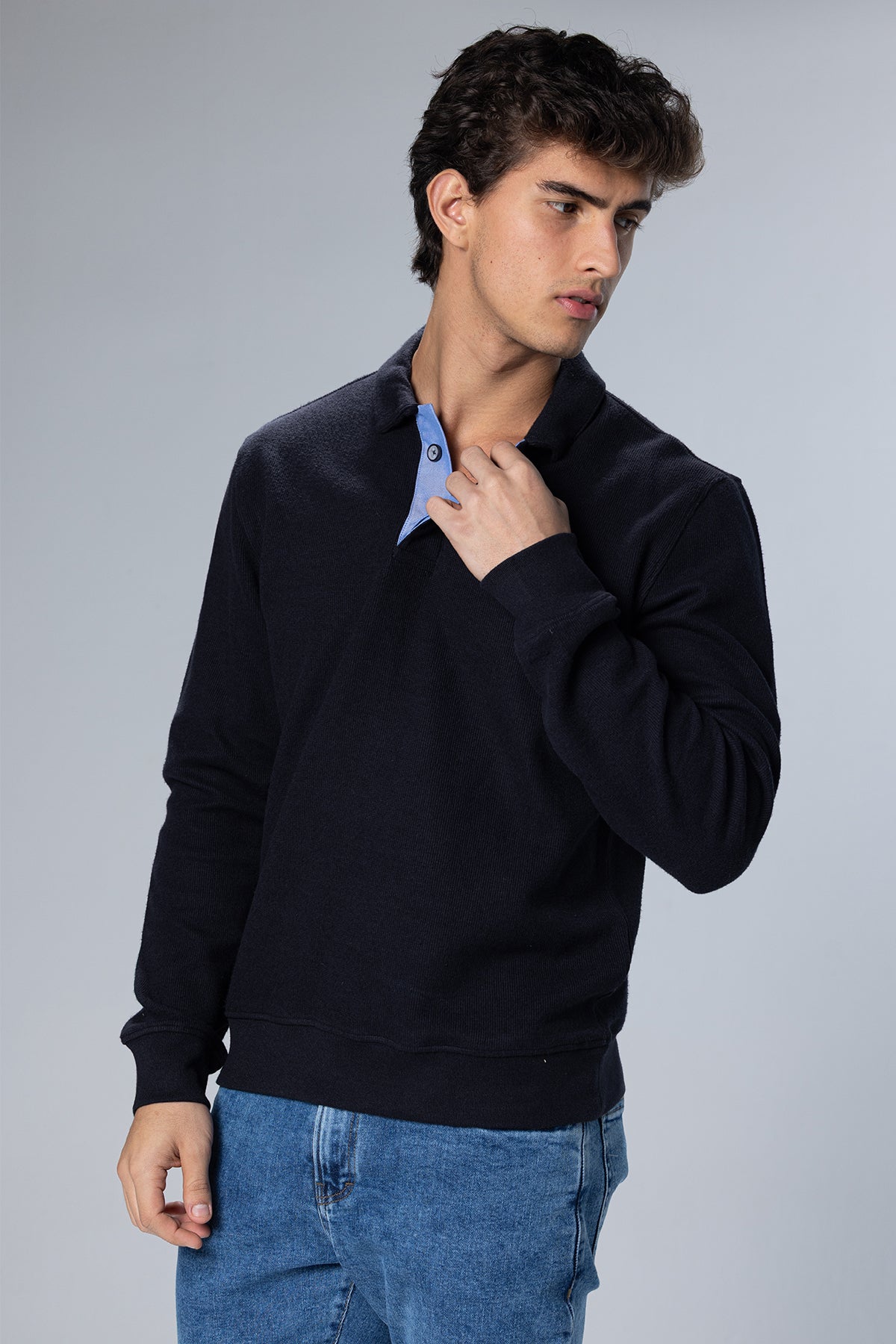 Long Sleeved Placket Cotton Polo – Dark Navy – Dark Navy – image 4
