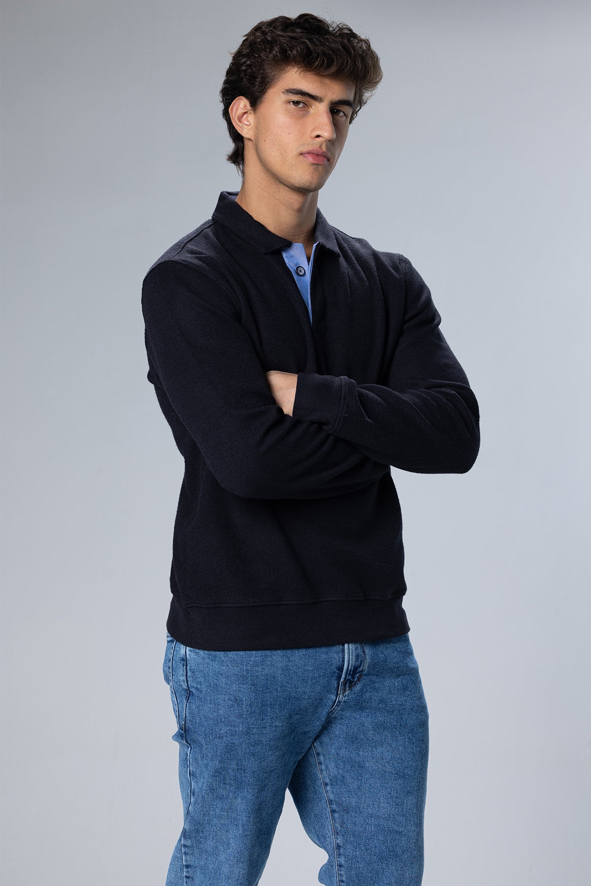 Long Sleeved Placket Cotton Polo – Dark Navy – Dark Navy – image 5