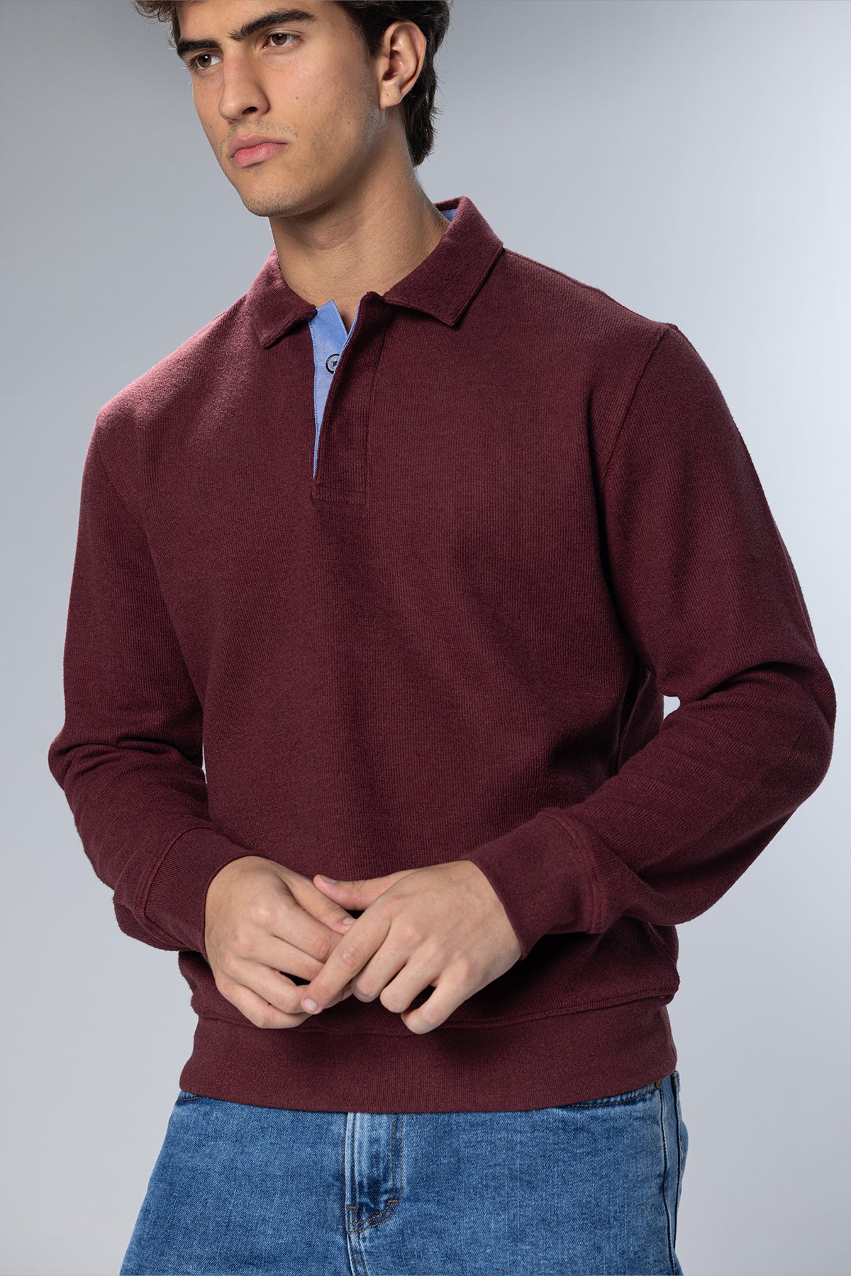 Long Sleeved Placket Cotton Polo – Light Burgundy – Light Burgundy – image 1