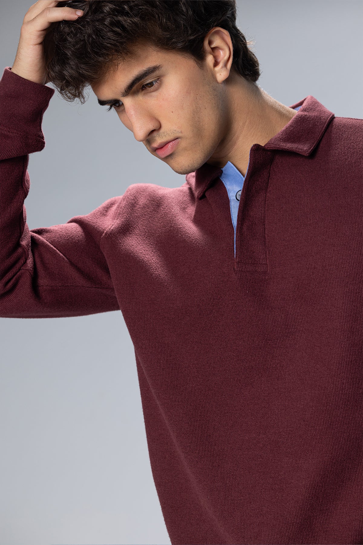Long Sleeved Placket Cotton Polo – Light Burgundy – Light Burgundy – image 3