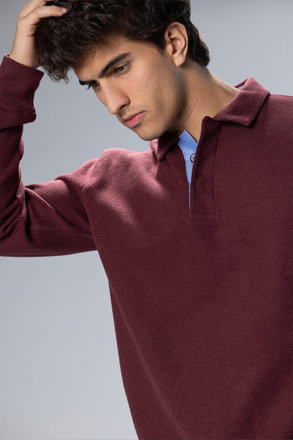 Long Sleeved Placket Cotton Polo – Light Burgundy – Light Burgundy – image 3