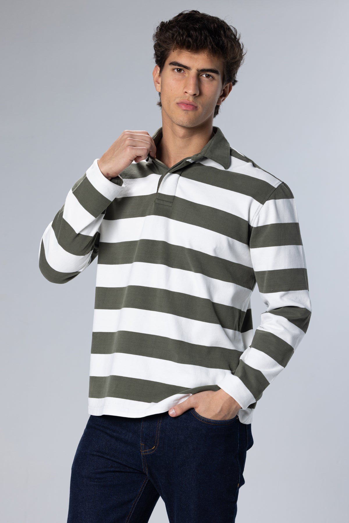 Wide-Stripe Long-Sleeve Cotton Polo Shirt – Dark Green – Dark Green – image 1