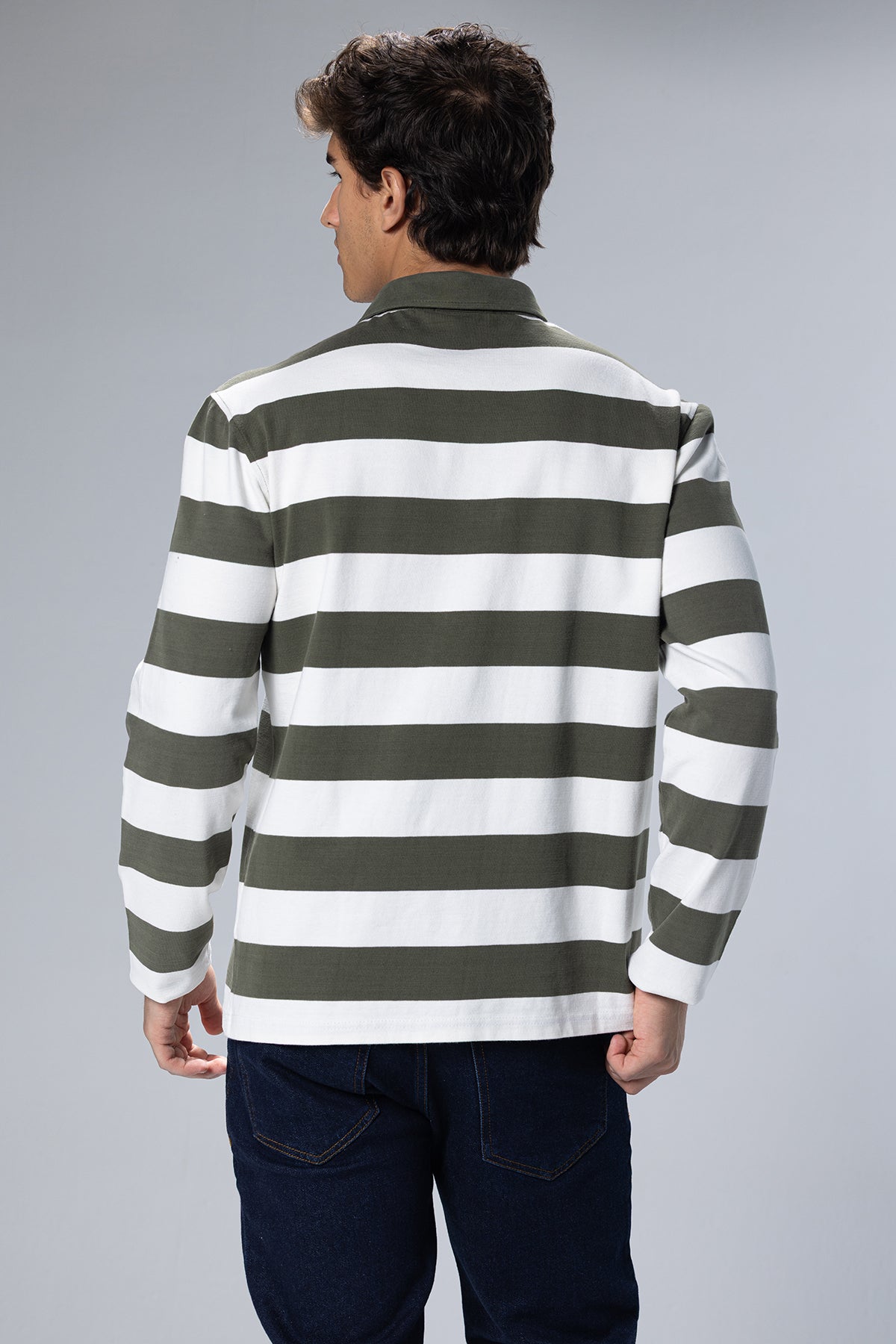 Wide-Stripe Long-Sleeve Cotton Polo Shirt – Dark Green – Dark Green – image 3