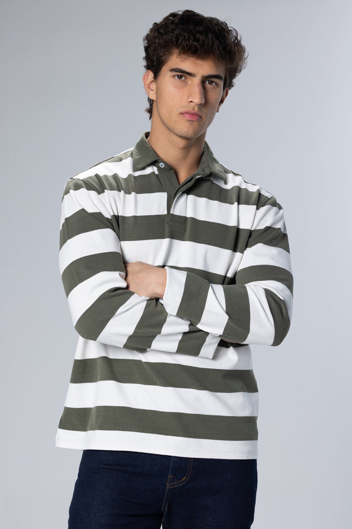 Wide-Stripe Long-Sleeve Cotton Polo Shirt – Dark Green – Dark Green – image 4