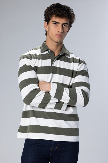 Wide-Stripe Long-Sleeve Cotton Polo Shirt – Dark Green – Dark Green – image 4