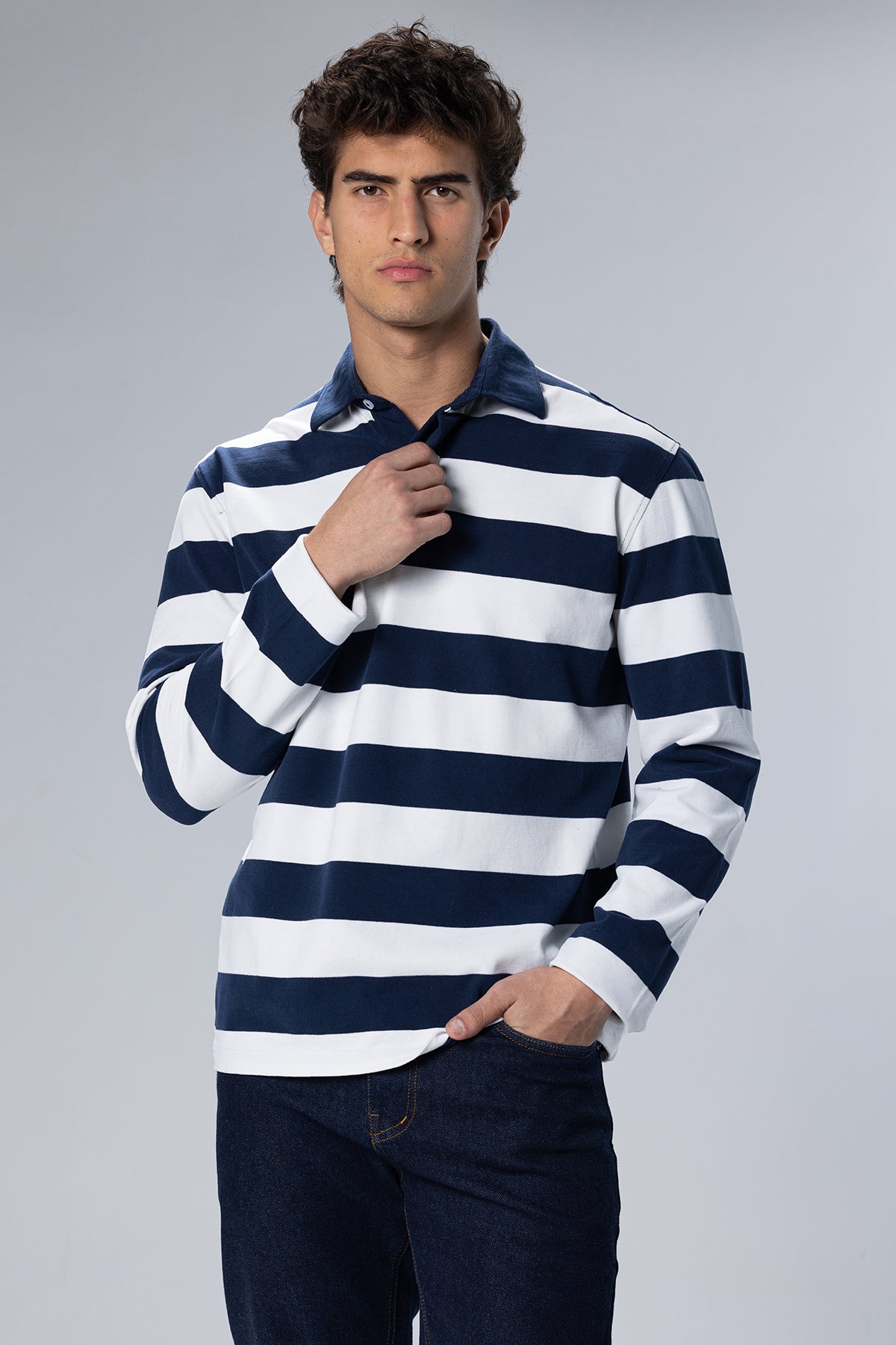 Wide-Stripe Long-Sleeve Cotton Polo Shirt – Navy – Navy – image 1