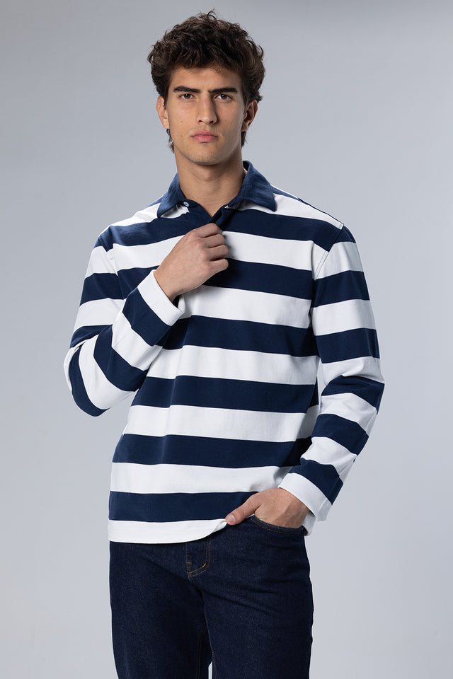 Wide-Stripe Long-Sleeve Cotton Polo Shirt – Navy