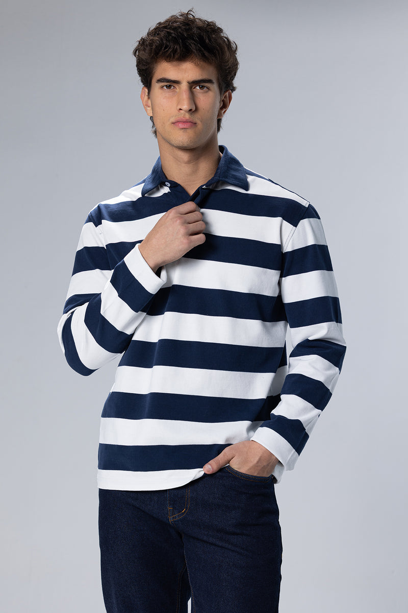 Wide-Stripe Long-Sleeve Cotton Polo Shirt – Navy