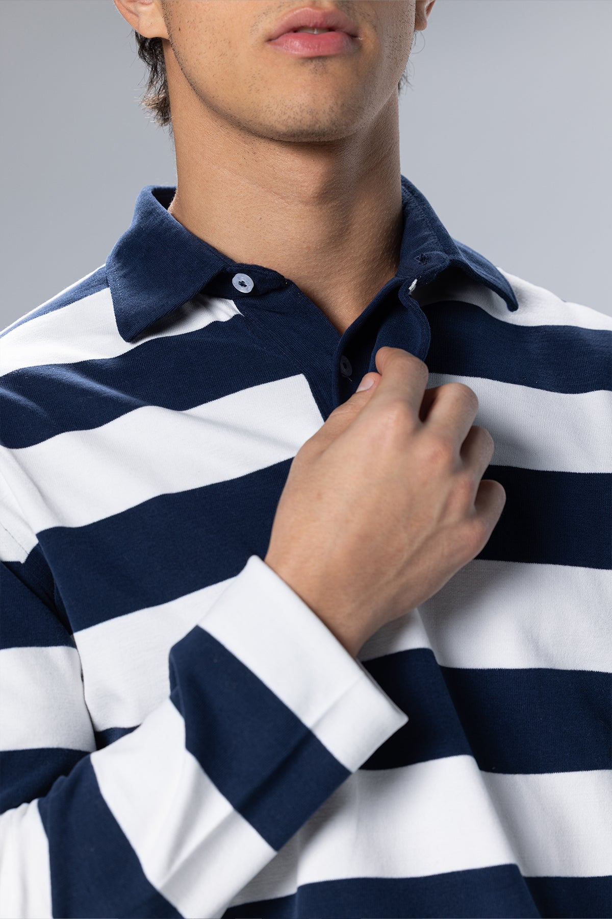 Wide-Stripe Long-Sleeve Cotton Polo Shirt – Navy – Navy – image 2
