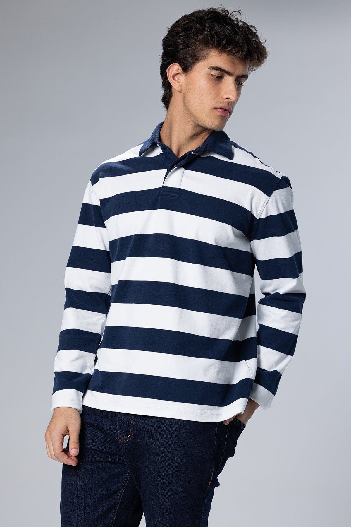 Wide-Stripe Long-Sleeve Cotton Polo Shirt – Navy – Navy – image 3