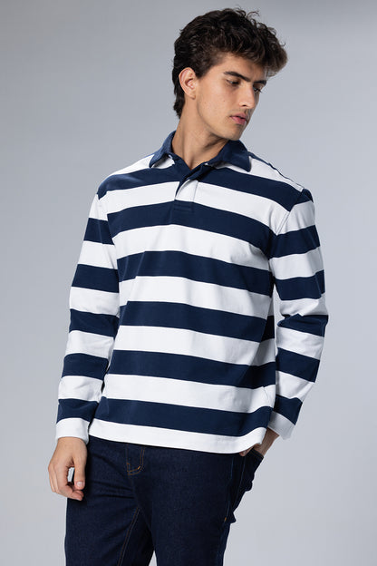 Wide-Stripe Long-Sleeve Cotton Polo Shirt – Navy – Navy – image 3