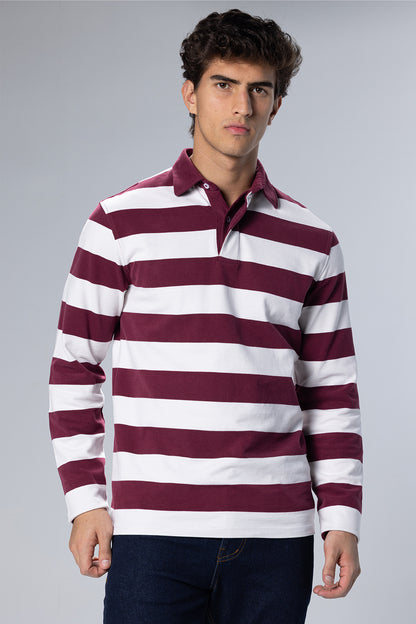 Wide-Stripe Long-Sleeve Cotton Polo Shirt – Burgundy – Burgundy – image 1