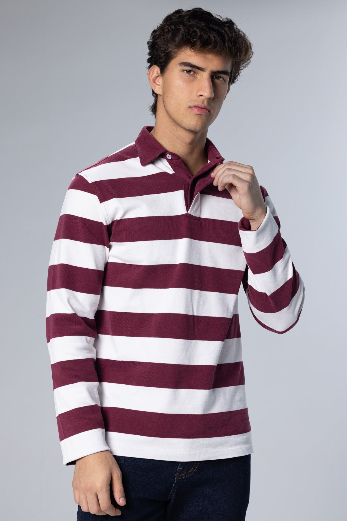 Wide-Stripe Long-Sleeve Cotton Polo Shirt – Burgundy – Burgundy – image 4