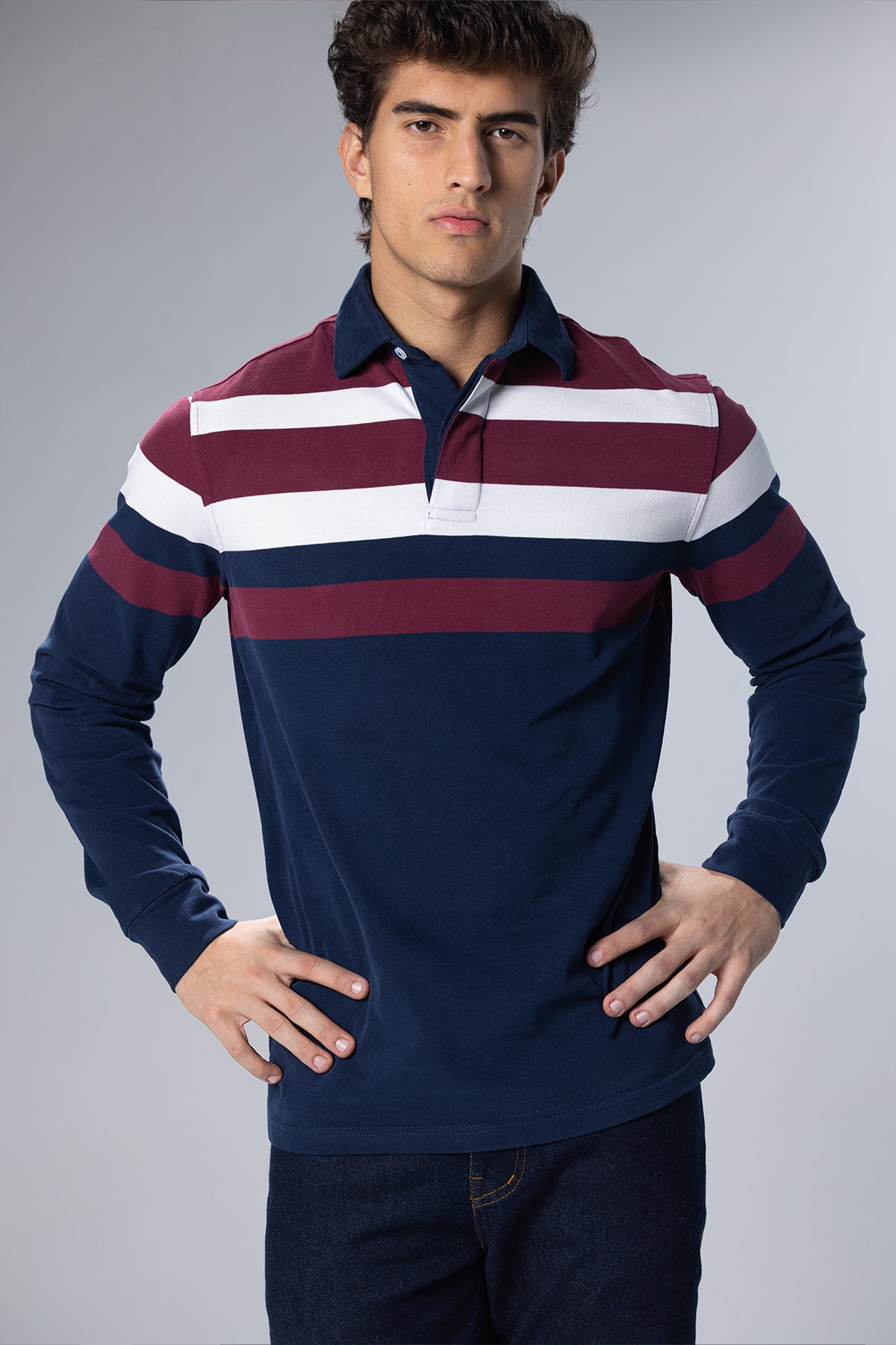 Striped Long-Sleeve Cotton Polo Shirt – Navy – Navy – image 1