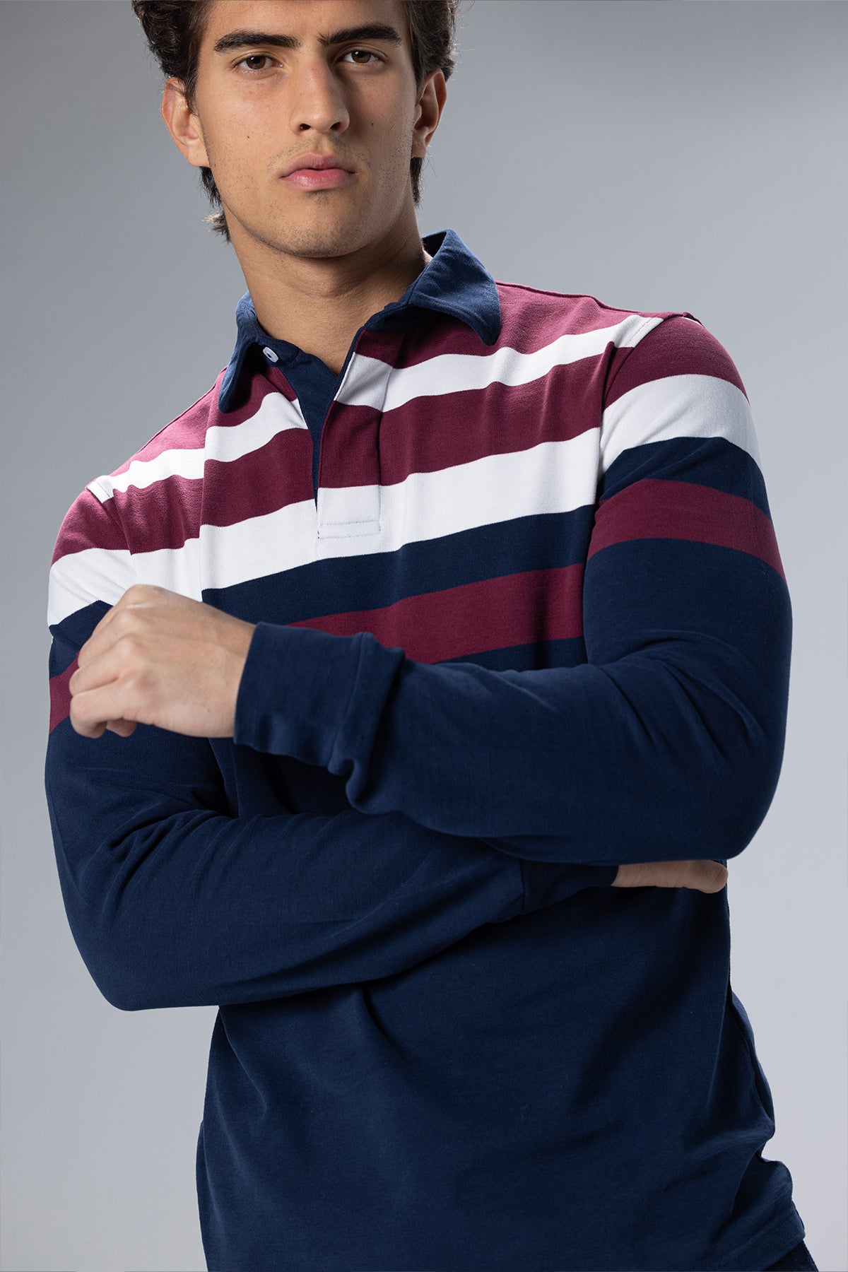Striped Long-Sleeve Cotton Polo Shirt – Navy – Navy – image 2